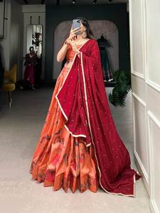 Vêtements ethniques à la mode les plus tendances fantaisie soie Tussar Lehenga Choli & Dupatta avec travail imprimé vente entière approvisionnement d'usine - Product Image 2