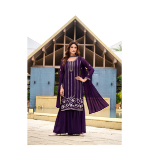 Ensemble élégant Georgette Sarara avec broderie séquentielle et perles Tenue stylisée parfaite pour les mariages et les fêtes - Product Image 1