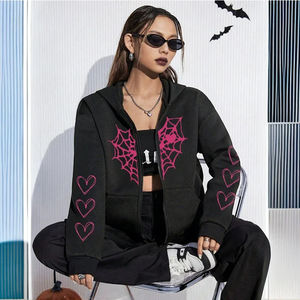 สเวตเชิ้ตพิมพ์ลายหัวใจใยแมงมุมมีซิปรูดสำหรับผู้หญิงเสื้อโค้ทมีฮู้ดแฟชั่นในเมืองเสื้อโค้ทมีฮู้ด2025แจ็คเก็ตทรงหลวมน่ารักสำหรับผู้หญิงทุกฤดูกาล - Product Image 6