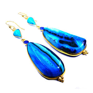 925 Sterling Silver Hanging <b>Earrings</b> <b>Gold</b> Plating Turquoise Chrysocolamalachite Big Classic <b>Vintage</b> Style Ladies Party Wear - Product Image 1