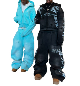 Ensemble survêtement et sweat à capuche surdimensionné en coton 100% lourd, délavé à l'acide, coupé et zippé, personnalisé pour le streetwear - Product Image 4