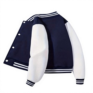 Streetwear Wool blend Unisex Varsity <b>Jacket</b> Navy <b>White</b> Contrast Sleeve Turn-down Collar Regular Fit Preppy Style Autumn Wear - Product Image 1