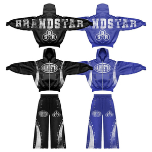 Survêtement vintage personnalisé délavé à l'acide pour hommes Streetwear sérigraphié sweat à capuche avec fermeture éclair ensemble de pantalons de survêtement évasés grande taille hiver - Product Image 3