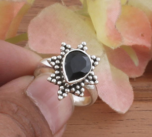 925 Sterling Silver Unique Handmade Teardrop <b>Ring</b> for Women <b>Black</b> Onyx Cluster Style Gemstone with Classic Bezel Setting - Product Image 1
