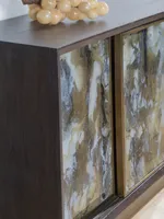 Console multimédia Eglomise - Meuble TV moderne et élégant avec détails en verre gravé
