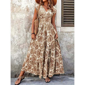 Women's Short-Sleeved Wrap-Around Neckline <b>Elasticated</b> Waist Supreme Maxi <b>Dress</b>, 37495 - Coffee with Milk - Product Image 2