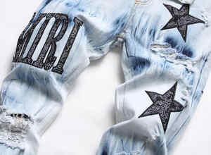 High Quality <b>Men's</b> Regular Fit Heavyweight Mid <b>Jeans</b> Casual Style Denim Pants Breathable Design Blue <b>White</b> Color Ripped Patches - Product Image 2