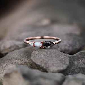 Vintage Black <b>Onyx</b> Opal Engagement Ring Art Deco Moissanite Wedding Band Pear Cut 3 Stone Unique Bridal Ring - Product Image 1