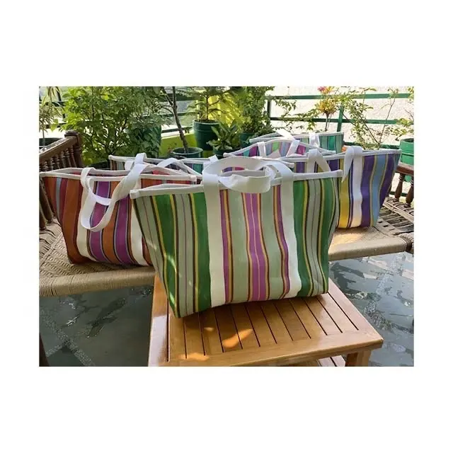 Leichte, leicht zu tragende Reise benutzer definierte gestreifte grün rosa Muster Damen handtasche benutzer definierte Logo recycelte Nylon-Einkaufstasche