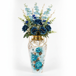 Luxury Iron <b>Floor</b> Flower <b>Vase</b> Blue Floral Enamel Finish with Embossed <b>Gold</b> Neck Decorative Metal <b>Vase</b> for Home Hotel Decor - Product Image 1