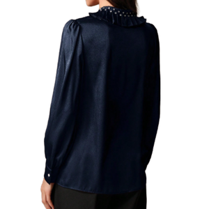 Chemise élégante tricotée à col en V Chemise plissée à manches lanterne avec strass cloutés pour femmes pour vêtements de cérémonie - Product Image 4