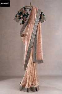 Sari de red pesada de uso tradicional indio con hilo y trabajo de secuencia y piezas de blusa de seda Mono Benglori para Sari de boda - Product Image 4