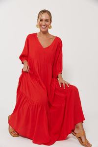 Último vestido maxi de manga larga bohemio rojo, vacaciones de verano, cuello en V suelto con bolsillo, manga larga, rayón, vestido Maxi informal para mujer - Product Image 5