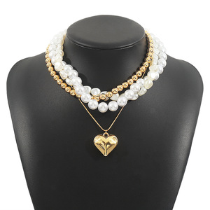 Delicado collar de varias capas con perlas de imitación en forma de corazón, conjunto de joyería apilable con cuentas de estilo barroco para mujer - Product Image 5