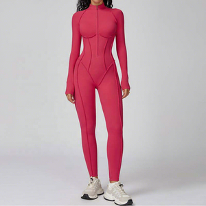 Combinaison de yoga intégrale pour femme à col roulé avec fermeture éclair sur le devant, taille haute, couleur unie, en Spandex et Polyester - Product Image 1