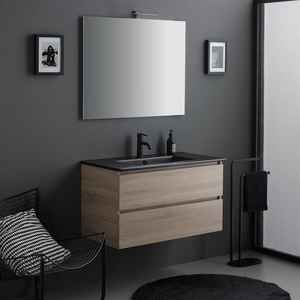 Meuble de salle de bain minimaliste mural de 90 cm avec 2 tiroirs en chêne, lavabo noir, miroir 90x70, lampe Belize, ensemble complet - Product Image 1