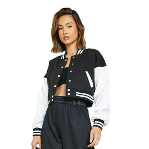 Nouveau 2025 Ladies Crop Varsity Jackets en couleur noir et blanc Plus Size Stylish Wool Crop Top Jackets for Ladies OEM Serviced - Product Image 1