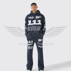 Pantalon baggy de marque personnalisée style évasé avec pull à capuche survêtement en coton écologique avec sérigraphie - Product Image 1