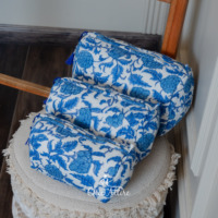 2025 pochette de voyage en coton matelassé avec pochette à glissière à pompon 3 pièces ensemble vibrant main bloc impression cosmétique trousse de toilette organisateur sac