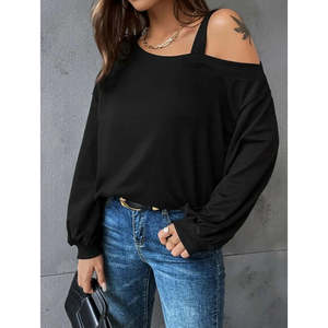 Blusa de viscosa de dos hilos con detalle de tirante en un solo hombro y manga larga para mujer, 30199 - Negro - Product Image 5