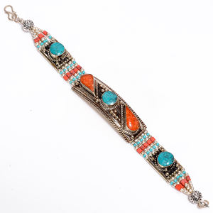 Bracelet en pierre précieuse turquoise naturelle, corail, lapis-lazuli, bracelet en argent tibétain, bijoux népalais antiques, fournisseur de bijoux en argent antique - Product Image 2