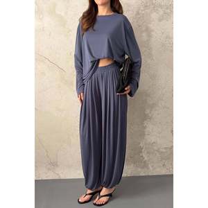 Elisa Fashion <b>Woman</b> <b>Navy</b> <b>Blue</b> Long-Sleeved <b>Top</b> and Bottom Set - Product Image 4