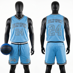 Conjunto de camiseta y pantalones cortos de baloncesto de poliéster transpirable de malla azul claro personalizado de 180 GSM, sublimado, para hombre - Product Image 1