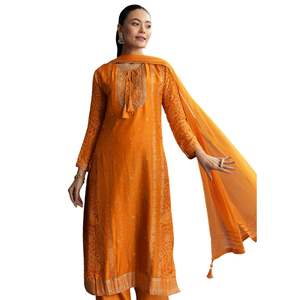 Traje Palazzo Bandhani de seda naranja claro con bordado, venta al por mayor, Ropa Étnica para mujer, proveedor de fábrica de ropa OEM, moda - Product Image 4