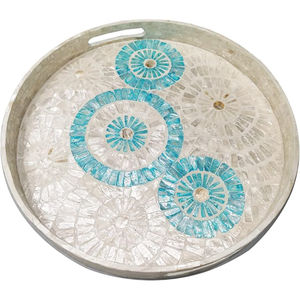 Plateau de service de table ronde design fantaisie plateau de table basse incrusté de nacre bleue de qualité exclusive avec poignée découpée - Product Image 1