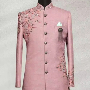 IMPRESIONANTE BORDADO DE RESHAM Y ZARI EN SHERWANI ROSA, PANTALÓN Y ZAPATO A JUEGO CON CUENTAS DE CRISTAL EMBELLESADO, TRABAJO DE DABKA @ 2024 - Product Image 1