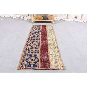 Vintage Kilim Rug 14x34ft/43x104cm Blue and <b>Red</b> Patchwork Design Wool Material with <b>Latex</b> Backing for Entryway or Teen's Room - Product Image 1