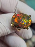 Bague en argent sterling 925 plaqué or rose 14 carats avec opale ovale grande taille à feu arc-en-ciel foncé sertie clos, certifiée IGI, haute qualité, tendance