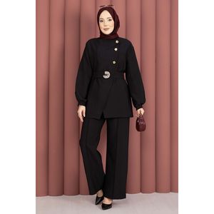 Conjunto de Traje de Dos Piezas para Mujer de Diseñador con Botones Dorados y Cinturón Color Negro - Product Image 4