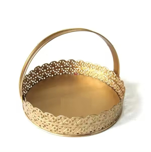 Round Shape Gold Color High Selling <b>Basket</b> <b>With</b> <b>Handle</b> Greatest Quality Metal Wedding and Birthday Gifting <b>Basket</b> - Product Image 1