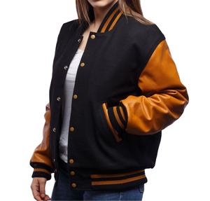 Veste universitaire classique en laine noire avec manches en cuir doré vieilli, col côtelé assorti, grande taille, personnalisable OEM, style Letterman - Product Image 2