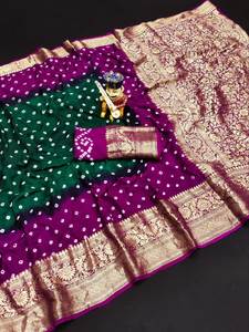 Belle tenue occasionnelle haute sur demande Pure Bandhej Silk Saree Blouse avec Kanchipuram Zari Weaving Work Fournisseur de l'Inde - Product Image 5