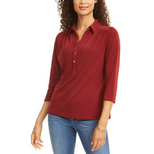 Polo T-shirt da donna Charter Club a manica 3/4, in maglia traspirante, disponibile con logo, colore vino, taglie dalla Petite alla Media incluse - Product Image 1