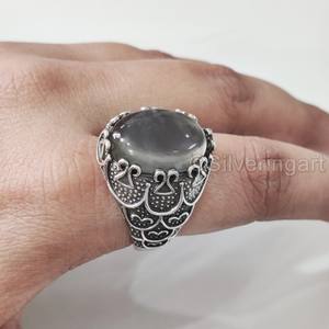 Nouvelle Arrivée Bague pour Homme en Argent Sterling 925 avec Pierre de Lune Grise Naturelle, Pierre de Naissance de Juin, Bijou Cadeau d'Anniversaire Arabe - Product Image 1