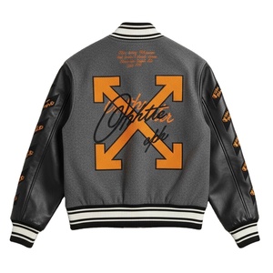 Wholesale Custom Men's Y2K Varsity <b>Jacket</b> Heavyweight Wool Blend <b>Grey</b> Bomber Orange Chenille Patches Leather Sleeves - Product Image 2