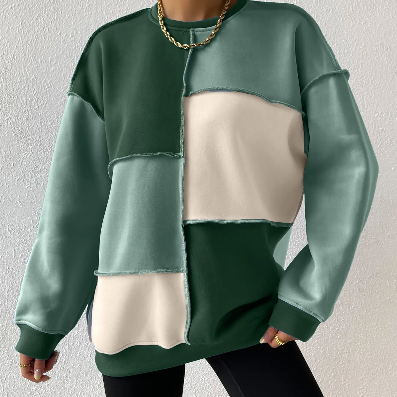 Gota Ombro Colorblock camisola das mulheres Multicolor Streetwear Velo Pullover das mulheres Plain grosso Colorblock camisola