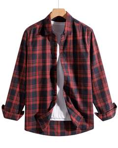 Chemise à carreaux classique pour homme, sur mesure, rouge et noir, boutonnée, manches longues, style flanelle, pour un usage quotidien. - Product Image 1