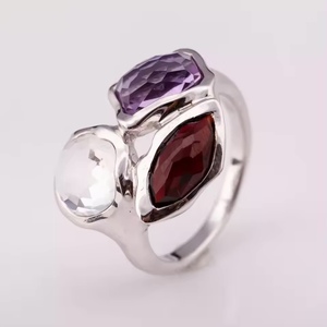 Anillo de plata 925 de belleza atemporal con cuarzo transparente granate natural y amatista oscura chapada en rodio para fiestas Precio de fábrica - Product Image 1