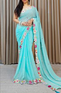 Nhà thiết kế đẹp <span class=keywords><strong>georgette</strong></span> lụa <span class=keywords><strong>Saree</strong></span> với trình tự và thêu làm việc đám cưới và bên mặc phong cách Pakistan - Product Image 3