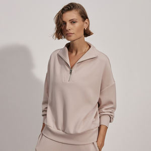 Custom Knitted Half Zipper Long Sleeve Top Breathable <b>Hoodie</b> Applique Plain Dyed Techniques Rhinestone Women 1/4 Zip Sweatshirt - Product Image 1