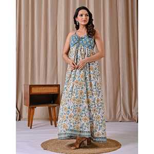 Vestido de Algodón Estampado en Bloques Azul y Blanco con Tirantes Finos, Diseño Elegante y Casual de Boutique, Talla Única, Transpirable, Cintura Natural - Product Image 5