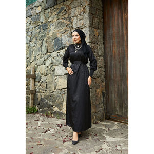 Vestido Jacquard en Línea A en Negro con Cinturón de Satén Desmontable y Mangas, Cintura Natural - Product Image 1