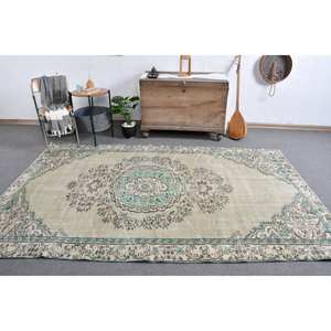 Tapis Turc Vintage Beige Vert 5.7 X 9.1ft Tissage Plat en Laine avec Motif Patchwork pour Décorations de Salon - Product Image 1