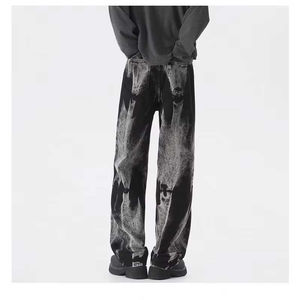 Pantalones vaqueros drapeados holgados rectos unisex, pantalones vaqueros holgados de calle alta americana con tinte anudado estilo neutro lavado desgastado - Product Image 2