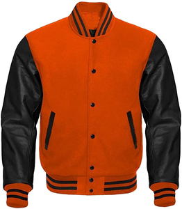 Chaqueta Bomber de béisbol con mangas de cuero Varsity blanco y negro personalizada con cuello levantado, chaqueta de béisbol universitaria de invierno para hombres - Product Image 5