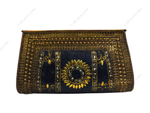 Handcrafted <b>Black</b> Gold Mosaic Clutch <b>Bag</b> with Floral Metal Inlay Detailing Luxury <b>Evening</b> Party Wedding Statement Handbag - Product Image 4